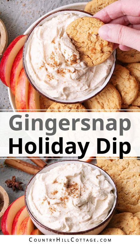 If you’re looking for a quick and easy treat for the holidays, this gingersnap dip recipe will be your new go-to! This subtly spiced, sweet dip is perfect for ginger cookies, apples, graham crackers, and so much more. It’s super creamy and will be ready in 10 minutes! It’s an excellent dip for dessert, snacking, and a holiday cookie platter because it’s sweet and satisfying. With its tangy sweetness and subtle warmth, it will become an instant Christmas favorite. | CountryHillCottage.com Gingersnap Recipe Desserts, Ginger Snaps Recipe Desserts, Dips To Eat With Graham Crackers, Ginger Snap Dessert Recipes, Ginger Snap Dip, Dip For Ginger Snap Cookies, Holiday Cookie Dip, Ginger Snap Desserts, Dip For Teddy Grahams