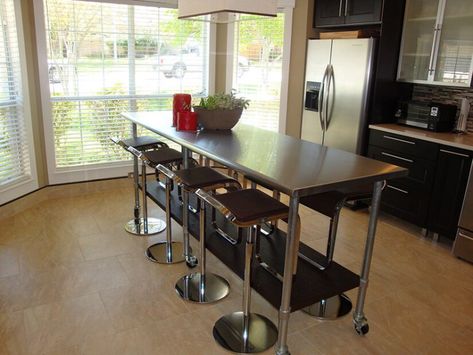 How to Use a Prep Table for Your Kitchen Island | Stainless steel long prep table with seating | Stainless Steel Kitchen Design, Metal Kitchen Island, Stainless Steel Prep Table, Kitchen Prep Table, Steel Restaurant, Stainless Steel Kitchen Island, Stainless Steel Island, Kitchen Carts, Bakers Kitchen