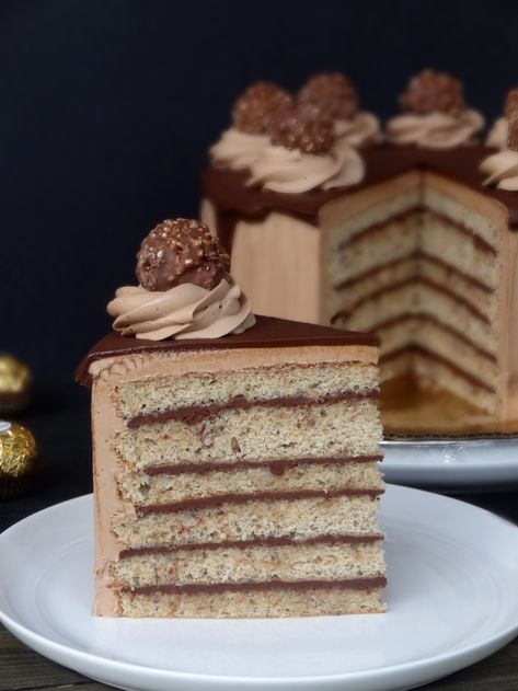 Ferrero Rocher Truffle Cake – Nichalicious Baking Rocher Cake, Ferrero Rocher Cake, Chocolate Valentine, Chocolate Bowl, Truffle Cake, Hazelnut Cake, Crunch Cake, Delicious Deserts, Cake Platter