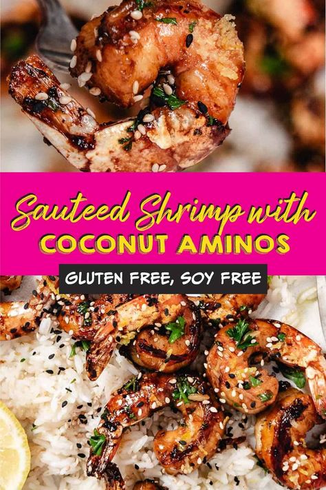 This quick sautéed shrimp with coconut aminos dish is packed with flavor & perfect for a weeknight meal. Customize it with your favorite veggies! Gluten-free, soy-free, & ready in 15 mins! Cooking With Coconut Aminos, Recipes With Coconut Aminos, Shrimp Sauteed, Healthy Teriyaki Chicken, Roasted Broccoli And Carrots, Stir Fry Shrimp Recipes, Easy Fast Dinner Recipes, Blackened Fish, Alpha Gal