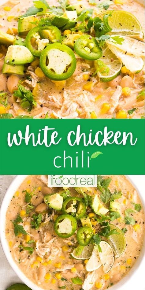 Healthy White Chicken Chili is a 30 minute meal with chicken breast, white beans, corn, cumin and yogurt. This healthy comfort food is easy to make on the stove, crockpot or Instant Pot. A true crowd pleaser! Meal With Chicken Breast, Dinner With Chicken Breast, Healthy Chicken Chili Recipe, White Bean Chicken Chili Crockpot, Healthy White Chicken Chili, White Chicken Chilli, Healthy Chicken Chili, White Chicken Chili Recipe Crockpot, Stovetop Chili