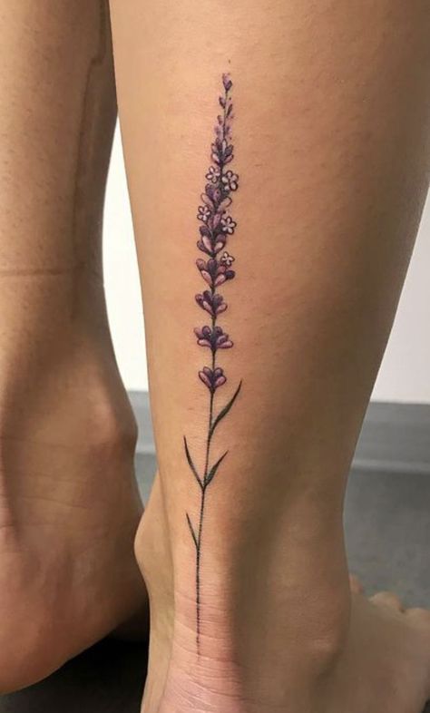 Heather Flower Tattoo Ideas, Dainty Leg Sleeve Tattoos For Women, Lilac And Lavender Tattoo, Wisteria Tattoo Foot, Lavender Tattoo Leg, Lavender Stem Tattoo, Heather Tattoo Flower, Lavender Spine Tattoo, Lavender Sprigs Tattoo