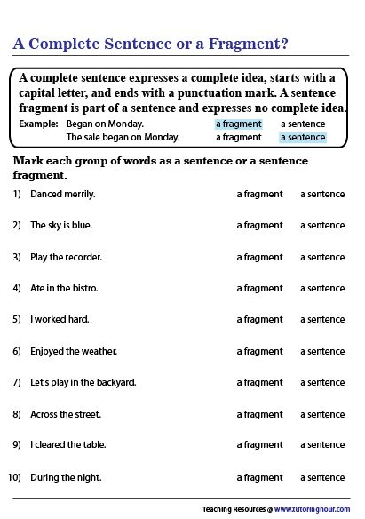 A Sentence or a Fragment? Sentence Worksheet, Writing Sentences Worksheets, Sentences Worksheet, Grammar Sentences, Sentence Fragments, Parts Of A Sentence, Complete Sentence, Run On Sentences, Sentence Correction