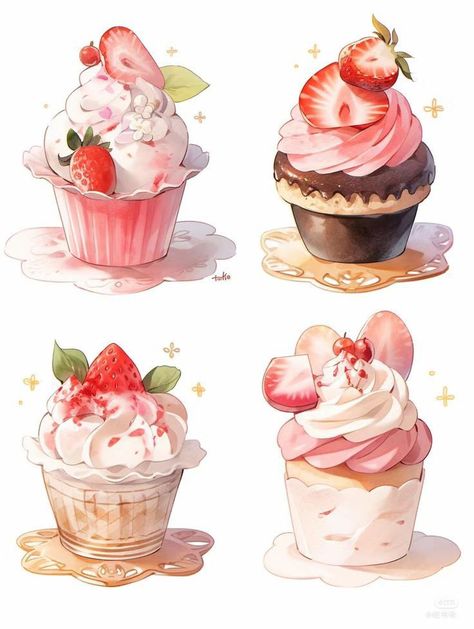 Cute Meals, Sketchbook Ideas Inspiration, Cupcake Illustration, Bento Lunchbox, Dessert Illustration, Foodie Art, Japanese Watercolor, Food Artwork, Food Clipart