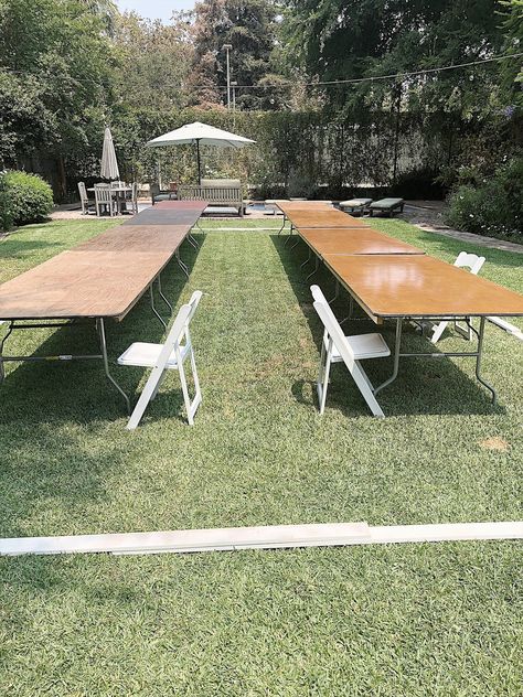 How I Built an Outdoor Dining Room for Sixty Five Guests Outdoor Party Tables, Outdoor Table Set Up For Party, Outdoor Backyard Party Decor, Outdoor Seating For Party, Backyard Anniversary Dinner Party, Outdoor Dinner Seating, Casual Outdoor Dinner Party, Seating For Outdoor Party, Outdoor Party Layout