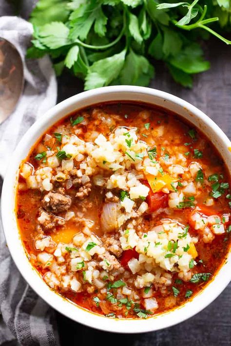 This stuffed pepper soup is loaded with everything you’re craving!  Italian spices, savory ground beef, garlic and onions, bell peppers, and cauliflower “rice” make this a hearty soup that’s also super healthy for you.  Gluten-free, dairy-free, keto and Whole30 friendly. Keto Soups And Stews, Instant Pot Stuffed Pepper Soup, Paleo Running Momma, Keto Stuffed Peppers, Keto Soups, Tuscan Soup, Paleo Soup, Boiled Egg Diet Plan, Paleo Crockpot