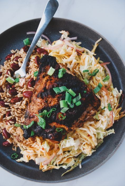 Jerk Chicken And Cabbage Recipe, Jamaican Slaw, Jerk Chicken Rub, Jerk Chicken Bowl, Spicy Cabbage Slaw, Jamaican Cabbage, Jerk Chicken Marinade, Main Dinner Dishes, Jerk Chicken And Rice