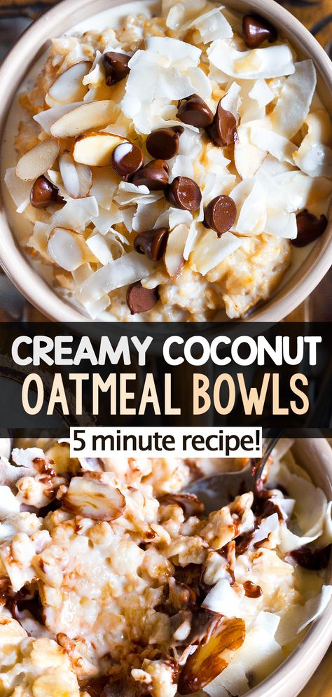 5 Minute Creamy Coconut Oatmeal Bowls (Healthy Breakfast Oats) Coconut Cream Oatmeal, Coconut Oatmeal Recipes, Coconut Baked Oats, Coconut Cream Breakfast, Instapot Oatmeal Recipe, Coconut Breakfast Recipes, Breakfast Recipes With Oats, Hot Healthy Breakfast, Oat Breakfast Ideas