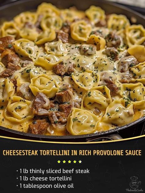 Paula Deen's  Family Kitchen | Cheesesteak Tortellini in Rich Provolone Sauce | Facebook Diy Easy Recipes, Skillet Recipes, Cheesy Pasta, Cheese Tortellini, Sauteed Veggies, Tasty Pasta, Stuffed Pepper Soup, Easy Delicious Recipes, Provolone