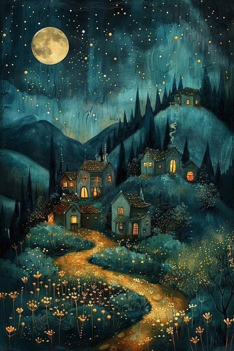 Night Gallery, Whimsical Art Paintings, Storybook Art, Landscape Art Painting, Tableau Art, Sleepy Hollow, Dreamy Art, Whimsical Art, Pretty Art