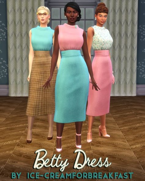 Betty Dress (May 2024) | Patreon Sims 4 Vintage Glamour, Housewife Dress, Female Sims, Betty Dress, 1950s Outfits, Sims 4 Dresses, Sims 4 Mods Clothes, Sims 4 Clothing, Maxis Match