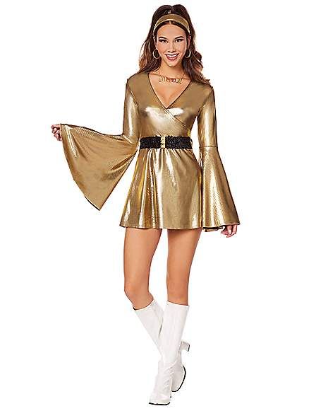 Adult Hustler Honey Costume - Spirithalloween.com Mama Mia Musical, Disco Halloween Costumes, Honey Costume, Diva Outfit, Home Halloween Costumes, Disco Diva, 70s Costume, Sleeves Details, Dress Necklace