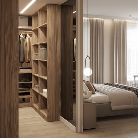 Private apartments in Moscow on Behance Partition Wall Walk In Wardrobe, Bedroom With Walk In Wardrobe Behind Bed, Walk In Wardrobe Small Bedroom, Dressing Room With Bed, Bedroom With Two Closets, Closet Behind Bed Layout, Bedroom Partition Ideas, Bedroom With Walk In Wardrobe, Divided Bedroom