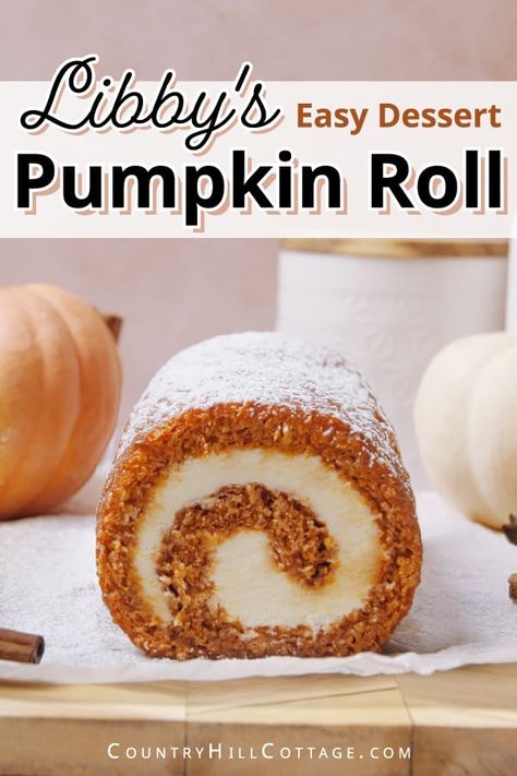 Libby's pumpkin roll recipe yields a fluffy, airy, and tender cake filled with a tangy cream cheese filling. Pumpkin cake roll is easier than you think and will become your favorite pumpkin dessert. A beautiful treat for Thanksgiving and the holiday season! Cream cheese pumpkin roll is a showstopper! This pumpkin log literally melts in your mouth. Pumpkin log is soft and bouncy, made with basic ingredients, and the filling has an unbelievable cheesecake-like texture. | CountryHillCottage.com Pumpkin Roll With Mascarpone, Pumpkin Roll Using Box Cake, Pumpkins Roll Recipe, Best Pumpkin Roll With Cream Cheese Filling, Pumpkin Roll With Box Cake, Pumpkin Spice Roll Recipe, Pumpkin Roll Cake Mix Recipe, Moist Pumpkin Roll Recipe, Pumpkin Rolls Pioneer Woman