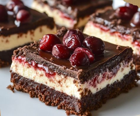 Chocolate Cherry Cheesecake Bars – Chloe foods Chocolate Cherry Cheesecake Bars, Christmas Cherry Cheesecake Bars, Chocolate Cherry Desserts, Chocolate Cherry Bars, Cherry Cheesecake Bars, Chocolate Cherry Cheesecake, Desert Bar, Cherry Crumble, Cherry Bars