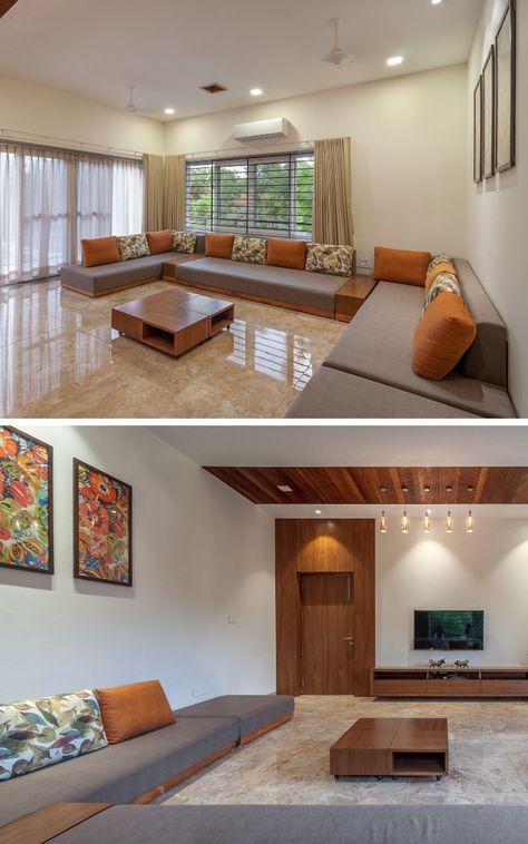 Contemporary House With a Simple Layout -family room -living room Living Room Designs Indian, House Styling Interior, Contemporary Living Room Design, Indian Home Design, Interior Design Per La Casa, Indian Home Interior, Industrial Living, Hall Interior, Living Room Sofa Design