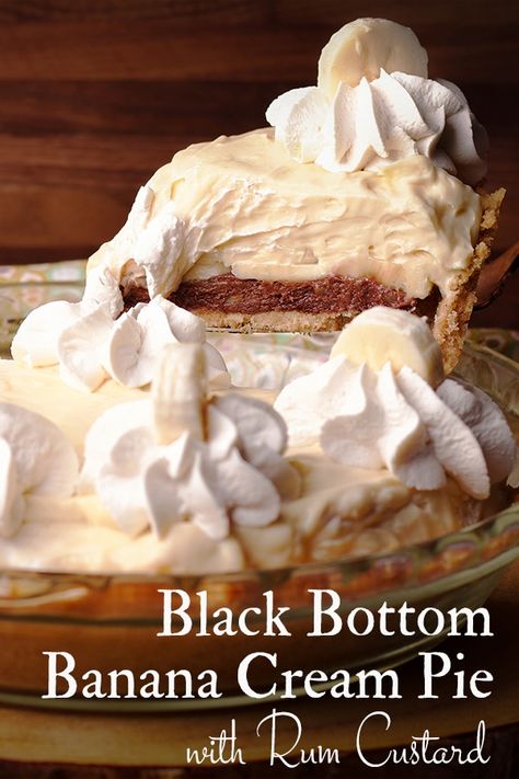 This Black Bottom Banana Cream Pie includes layers of chocolate pastry cream, vanilla rum custard, bananas & whipped cream in a buttery vanilla wafer crust. #bananacream #chocolatecream #Pie #creampie #blackbottom #dessertrecipe | ofbatteranddough.com Rum Custard, Chocolate Pastry Cream, Vanilla Wafer Crust, Chocolate Decadence, Banana Cream Pie Recipe, Vanilla Wafer, Vanilla Rum, Banana Pie, Dinner Desserts