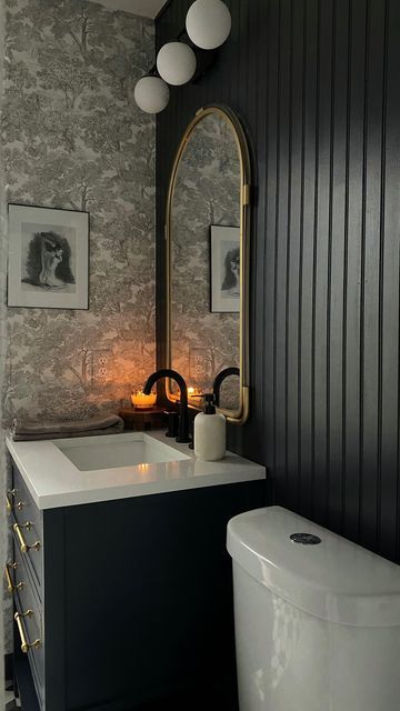 Moody Bathroom Cabinets, High End Half Bathroom, All One Color Bathroom, Dark Toned Bathroom, Dark And Moody Guest Bathroom, Dark And Moody Half Bath, Moody Kids Bathroom, Bathroom Half Wallpaper, Powder Room No Window