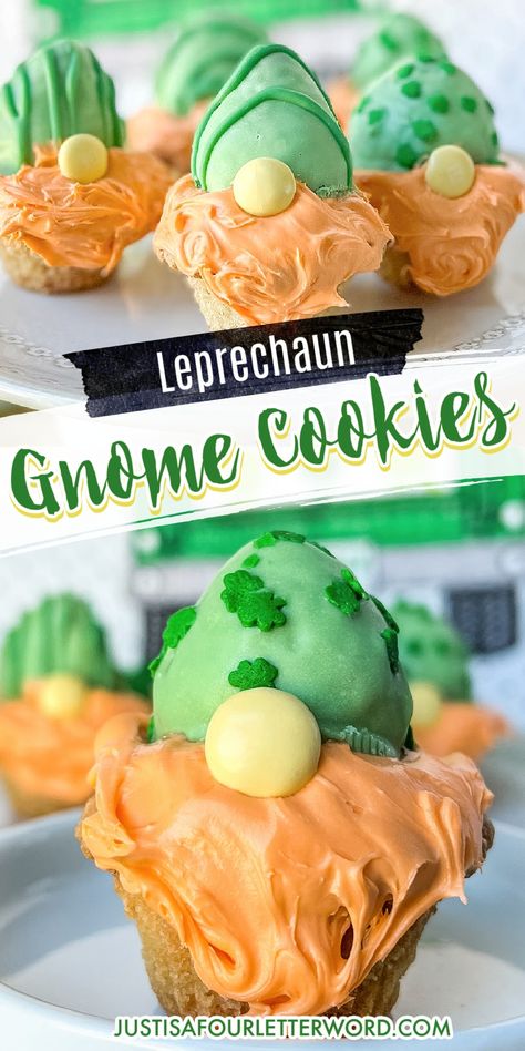 St Patricks Day Dessert Recipe, Gnome Party Food, Saint Patricks Day Food Ideas, St Patrick Treats, Gnome Recipes, Gnome Cupcakes Ideas, Gnome Treats, Gnome Cookie Cups, Gnome Desserts