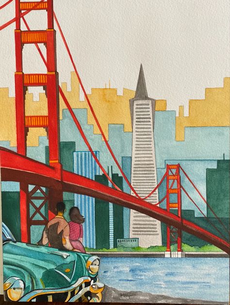 Golden Gate Bridge Painting Easy, Golden Gate Bridge Drawing, Golden Gate Bridge Painting, Hippie Drawing, Bridge Drawing, Brooklyn Art, Prima Watercolor, India Painting, Bridge Painting