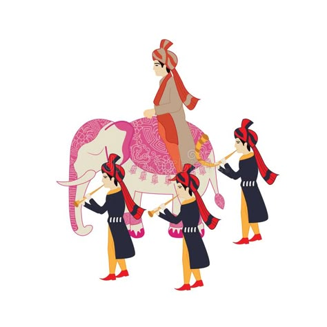 Indian wedding groom sitting on elephant stock illustration Wedding Baraat Illustration, Groom On Horse Indian Wedding, Hindu Wedding Illustration, Baraat Illustration, Indian Groom Illustration, Indian Wedding Illustration Art, Wedding Elements Png, Wedding Elements Illustration, Indian Wedding Elements