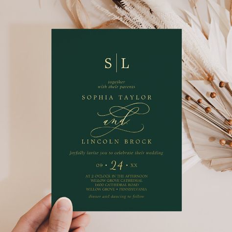 Romantic Gold Foil | Emerald Monogram Wedding Foil Invitation Emerald Green Wedding Invites, Emerald Green Cream And Gold Wedding, Emerald Green Wedding Invitations, Slytherin Wedding, Frog Wedding, Cream Wedding Invitations, Boho Wedding Invitation Template, Popular Wedding Invitations, Dark Green Wedding