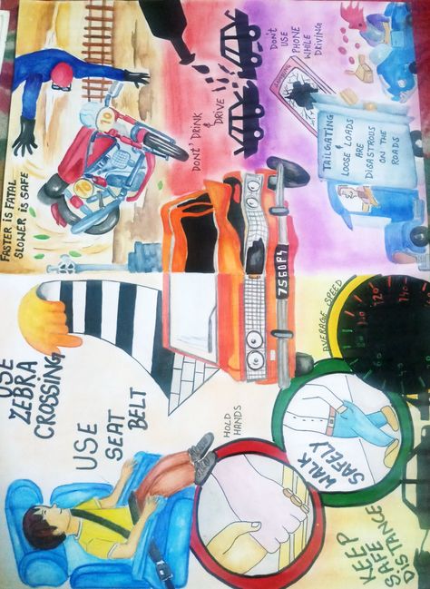 Painting On Road Safety, Road Safety Painting, Traffic Safety Posters Drawing, Road Safety Poster Drawing, Road Safety Poster Ideas For Competition, Road Safety Poster Creative Drawing, Safety Poster Drawing, Road Safety Poster, Book Cover Art Diy