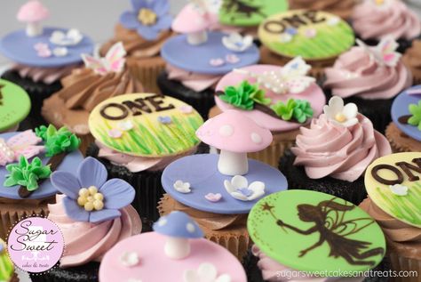 Whimsical Woodland Fairies Cupcakes by Angela Tran (www.sugarsweetcakesandtreats.com) Woodland Fairy Cupcakes, Fairy Garden Themed Cupcakes, Fairy Mushroom Cupcakes, Fairy Cupcakes For Girls Birthday, Cupcakes First Birthday, Fairy Cupcake Toppers, Fairies Party, Woodland Fairies, Woodland Fairy Birthday