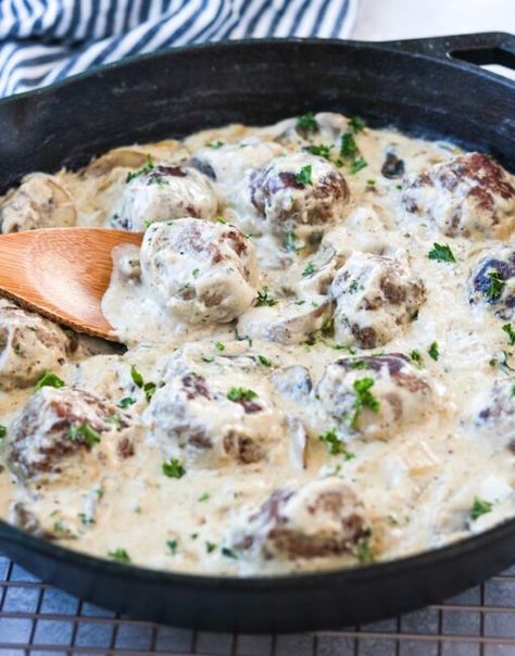 Whole30 Meatball Stroganoff - Mary's Whole Life Paleo Stroganoff, Whole 30 Meatballs, Free Noodles, Potatoes Mashed, Meatball Stroganoff, Over Mashed Potatoes, Keto Gluten Free, Primal Diet, Tasty Meatballs