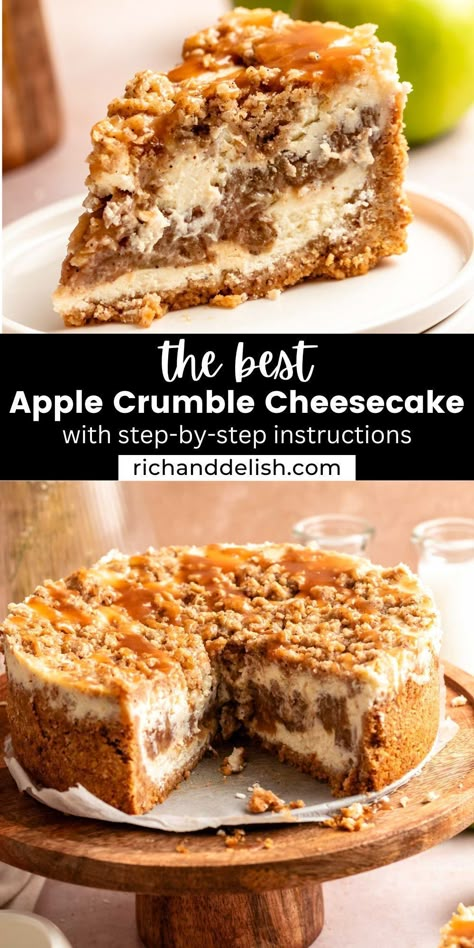 This apple crumble cheesecake is made with a creamy cheesecake filled with apple pie filling, topped with crumble topping and caramel sauce. Thanksgiving Desserts Apple, Apple Crumble Cheesecake, Thanksgiving Cheesecake, Caramel Apple Crumble, Cheesecake Base, Crumble Cheesecake, Fun Thanksgiving Desserts, Cheesecake Toppings, Caramel Apple Cheesecake