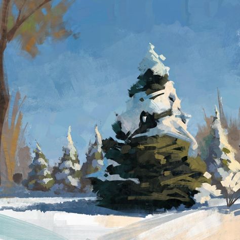 How To Draw Snowy Trees, Snowy Tree Painting, Snowy Trees Painting, Digital Painting Step By Step, Pine Tree Drawing, Advent Crafts, Snow Illustration, Pine Tree Art, 2023 Ideas