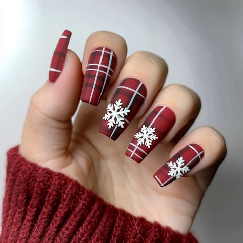 Wine Red Christmas Nails, Burgundy Plaid Nails, Red Plaid Nail Designs, Christmas Nails Burgundy, Christmas Nails Plaid, Plaid Nails Christmas, Buffalo Plaid Nails, Red Plaid Nails, Coffin Red Nails