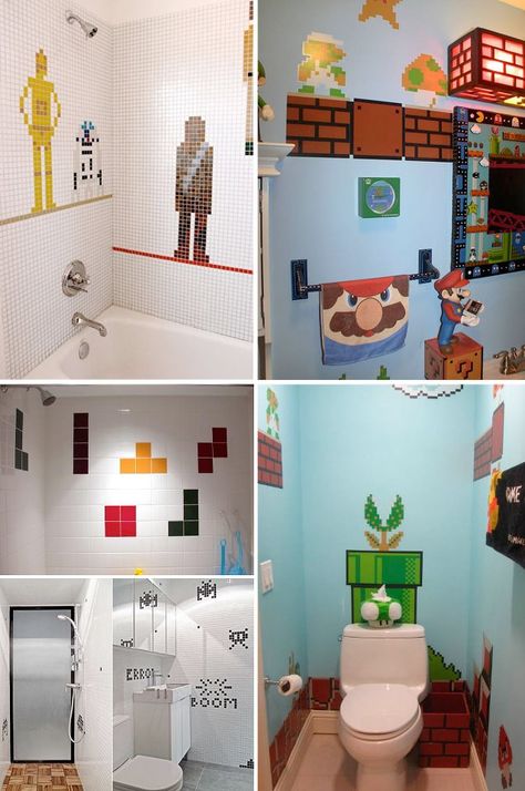 Video Game Bathrooms Boy Bathroom, Videogame Art, Kindergarten Ideas, Boys Bathroom, Nerdy Things, Tiny Bathroom, Kids Bathroom, Room Bathroom, Tv Room