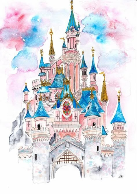 Disney Watercolour, Disney Characters Poster, Disney Castle Drawing, Chateau Disney, Disney Castles, Disney Mignon, Disney Princess Castle, Castle Drawing, Tema Disney