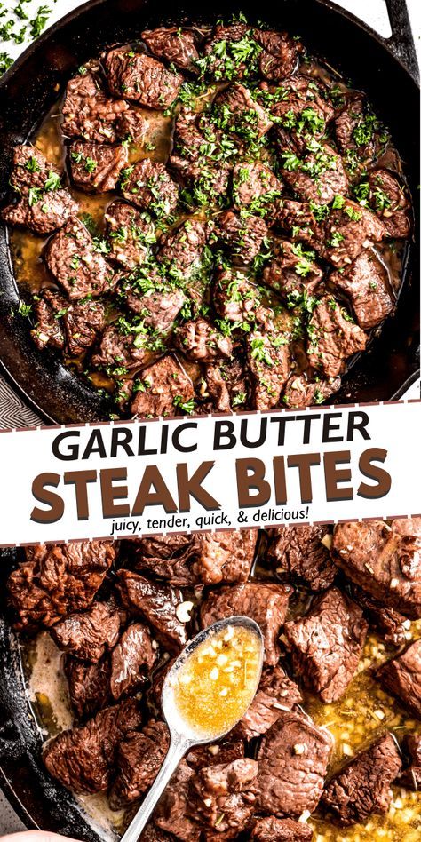 These juicy garlic butter steak bites with aromatic butter and hints of rosemary are fancy enough for special occasions but easy enough for a weeknight dinner. No one will believe they're ready in just 20 minutes! Garlic Butter Steak With Brussel Sprouts, Good Fast Dinner Ideas, Garlic Butter For Steak Easy, Easy Steak Bites With Garlic Butter, Unique Steak Dinner Ideas, Butter On Steak, Beef Tips Marinade Recipes, Steak Bites With Zip Sauce, Steak Not On The Grill