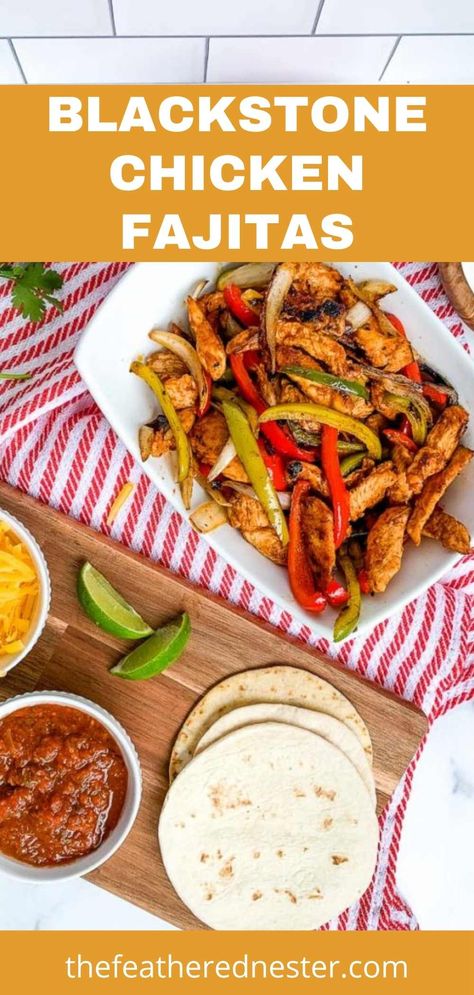 Looking for an easy meal to cook on your Blackstone Griddle? Everyone will love these Blackstone Fajitas! This recipe is simple to follow and produces mouth-watering results. Thanks to the marinade, these chicken fajitas are grilled to perfection and oh so tender and flavorful! Serve them with tortillas, rice, and beans for a complete Mexican-inspired meal. Chicken Fajita Blackstone Recipes, Blackstone Fajitas Recipe, Chicken Fajita Recipe On Blackstone, Chicken Fajitas Blackstone Griddle, Blackstone Fajitas Chicken, Blackstone Chicken Fajitas, Fajitas On Blackstone Griddle, Griddle Fajitas, Blackstone Fajitas