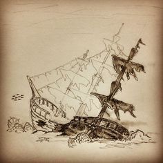 Sunken Ship Drawing, Shipwreck Tattoo, Sunken Ship Tattoo, Pirate Ship Drawing, Ship Sketch, Pirate Ship Tattoo, Boat Tattoo, Sunken Ship, Pirate Tattoo