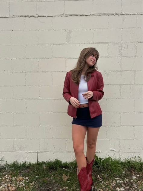 Western Outfits Women Red Boots, Cowboy Jacket Aesthetic, Red Leather Cowboy Boots, How To Wear Red Cowboy Boots, Vintage Red Leather Jacket Outfit, Leather Jacket Cowboy Boots Outfit, Style Red Cowboy Boots, Short Red Cowboy Boots Outfit, Poses With Cowboy Boots