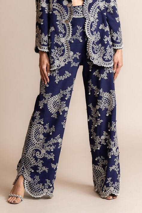 Buy Blue Crepe Hand Embroidery Mirror Work Scallop Blazer And Pant Set For Women by Nupur Kanoi Online at Aza Fashions. Nupur Kanoi, Scallop Collar, Embroidery Mirror Work, Embroidery Mirror, Embroidered Blazer, Scallop Trim, Fashion App, Mirror Work, Full Sleeves