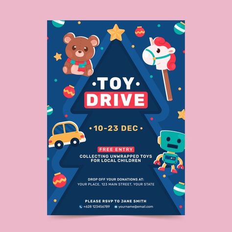 Flat christmas toy drive vertical poster... | Premium Vector #Freepik #vector #poster #christmas #noel #celebration Toy Poster Design, Christmas Toy Drive, Company Banner, Christmas Poster Design, Drive Poster, Christmas Graphic Design, Toy Drive, Poster Christmas, Holiday Graphics