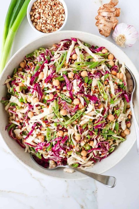 Crunchy Cabbage + Chickpea Salad – Goodness Avenue Cabbage Chickpea, Cabbage Salads, Almond Butter Dressing, Butter Dressing, Amazing Vegetarian Recipes, Buttered Cabbage, Cabbage Rice, Cabbage Salad Recipes, Vegan Side Dishes