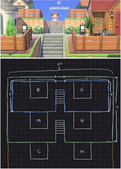 Island Designs Acnh, Acnh House Dimensions, Acnh House Spacing, Animal Crossing House Neighborhood, Animal Crossing Villager Neighborhood Layout, Island Inspiration Animal Crossing, Ac Neighborhood Ideas, How To Design Acnh Island, Acnh Neighborhoods Design