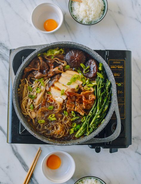 Sukiyaki is a Japanese hot pot dish of beef, vegetables, tofu, and noodles simmered in a sweet sauce. It's easy, interactive and fun to make! Source: thewoksoflife.com Sukiyaki Recipe, Wok Of Life, Meat And Vegetables, Pak Choi, Asian Food Recipes, One Pot Meal, Recipes Asian, Japanese Cooking, Japanese Dishes