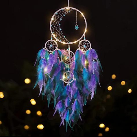 KHOYIME LED Light Up Dream Catcher Half Circle Moon Decor with Lights Handmade Feather Dreamcatchers for Bedroom Bohemian Home Decor Wedding Ornament Craft Gift (Purple&Blue) Decor With Lights, Paw Wallpaper, Blue Dream Catcher, Bedroom Bohemian, Moon Dreamcatcher, Ornament Craft, Large Dream Catcher, Feather Dream Catcher, Financial Abundance