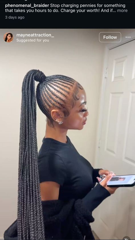 Small feeder ponytail style Feedin Ponytail Hairstyles Black Women, Beyonce Braided Ponytail, Feed In Low Bun, Black Ponytail Hairstyles With Braids, Scalp Braids Into A Ponytail, No Part Slick Back Ponytail, Braided Ponytail Hairstyles With Bangs, Braided Ponytail Designs, Scalp Braids Ponytail