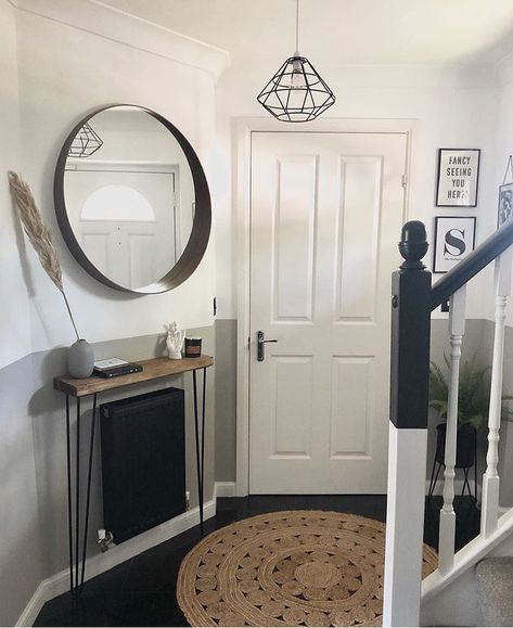 Craig & Rose on Instagram: “This two-tone hallway features @craigandrosepaints ‘Harris Isle’ alongside accents of black. The simple colour palette and split wall…” Two Tone Hallway, Hall Decor, Simple Colors, Round Mirror Bathroom, Colour Palette, Home Decor Inspiration, Framed Bathroom Mirror, Decor Inspiration, Hallway