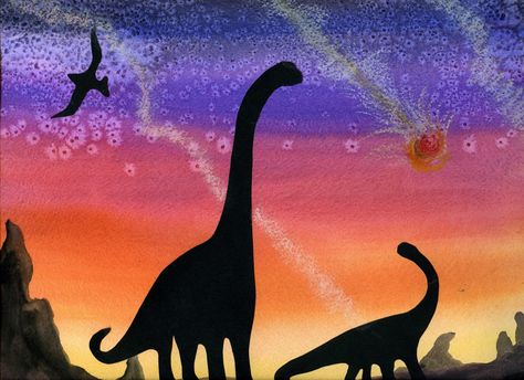 I did a version of this art project in my 2nd grade class.  We started with a light watered down paint wash in the background and then the kids used a white crayon to drawn dinosaurs onto black construction paper. I suggest buying some "how to draw dinosaur" sheets to guide them. Last we glued the black silhouettes on top of the washed color sheets. Dinosaur Silouhette Art, Dinosaur Art Ideas, Dinosaur Art Projects For Kids, Dino Crafts, Dinosaur Art Projects, Dino Art, Dinosaurs Preschool, Dinosaur Silhouette, 2nd Grade Art