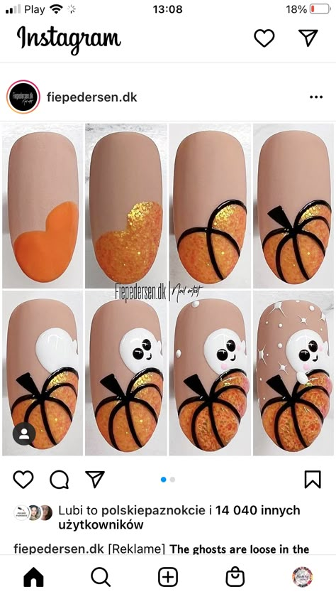 Cute Halloween Nail Ideas Simple, Cute Gel Nails For Halloween, How To Draw Pumpkin On Nails, Mail Designs For Beginners, Halloween Nails Designs Easy, Holloween Nails 2022 Simple, Natalie Mugridge Nail Artist, Ghost Pumpkin Nails, Halloween Nail Art Simple