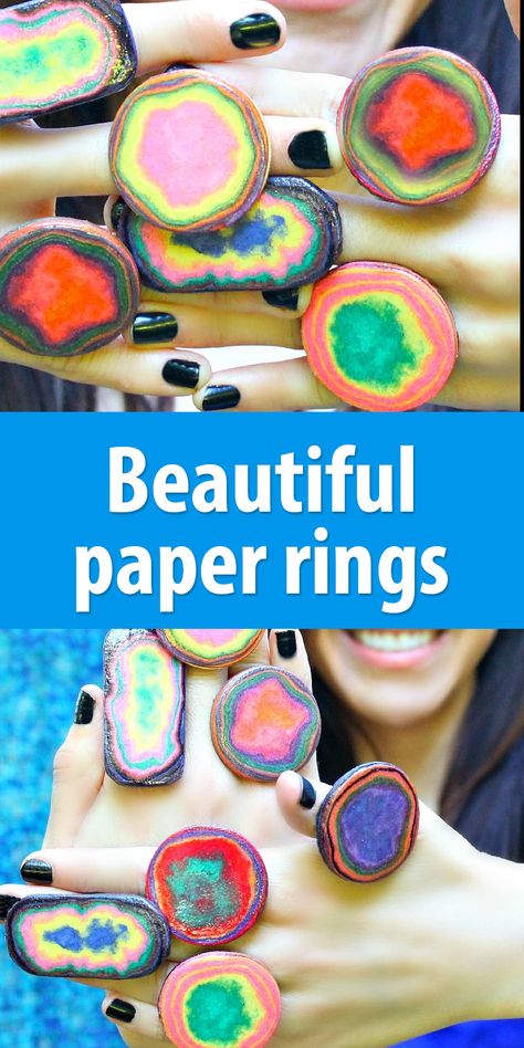 Turn a basic kids craft item into beautiful faux agate jewelry! Nature Jewelry Diy, Jewelry Making For Kids, Projects School, Diy Gem, Paper Rings, Art In The Park, Gem Crafts, Paper Ring, Camp Ideas