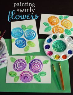 I love to experiment with paints, right alongside my daughters, but I am definitely an amateur. These swirly flower paintings are as simple as can be, but with frame-worthy results. We can’t stop making them! I think you and your... Continue Reading → Homeschool Art, Kindergarten Art, Spring Art, Mors Dag, Camping Art, Preschool Art, Art Classroom, Elementary Art, Summer Crafts